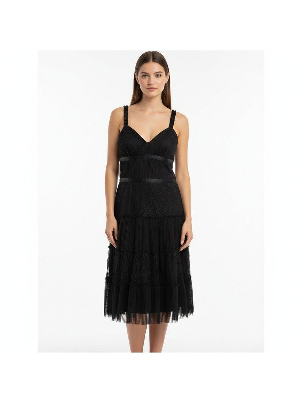 ANTONIO MELANI black fitted pleated bodice sweetheart neckline tulle skirt Sz 10
